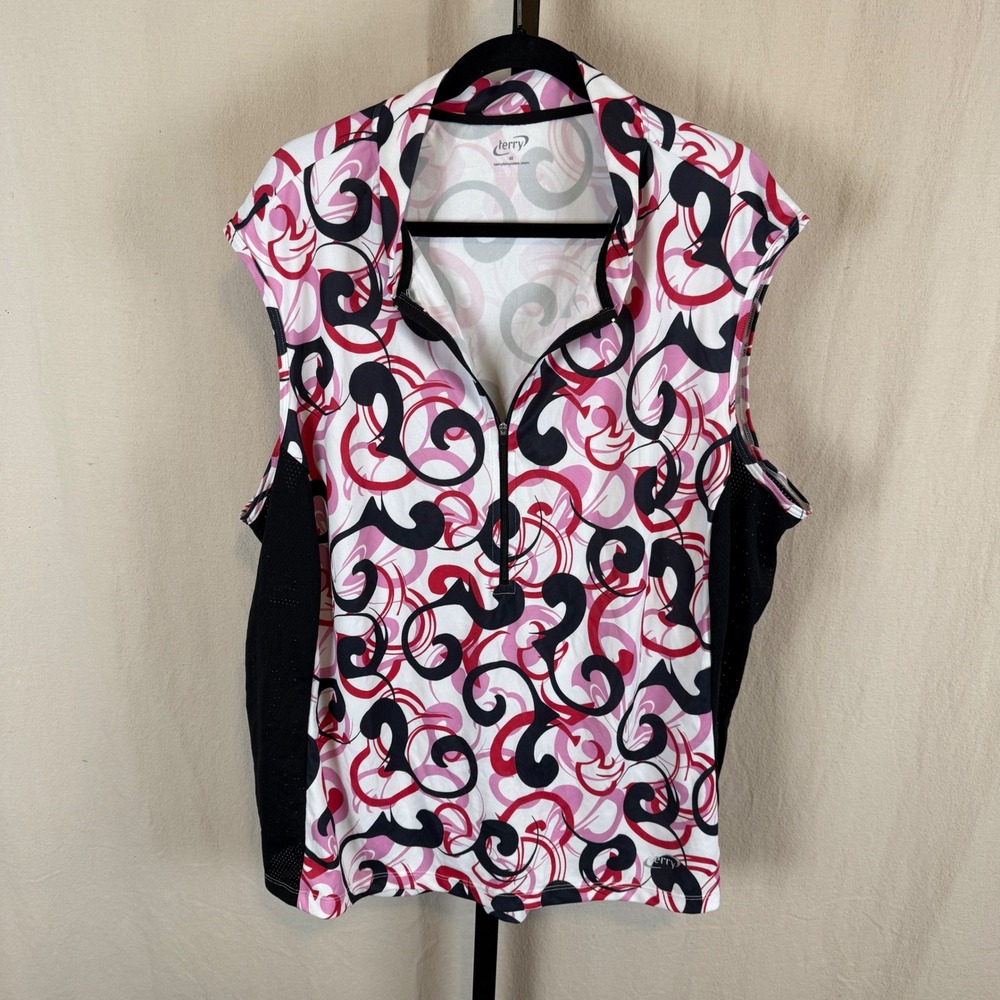 Terry Womens Cycling Jersey 4X Pink Red Black Swirl Sleeveless Quarter Zip Mesh